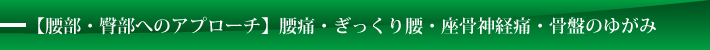 腰痛・ぎっくり腰・坐骨神経痛・骨盤の歪み【腰部・臀部へのアプローチ】